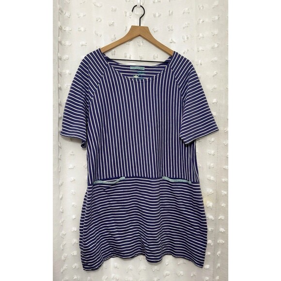 GUDRUN SJODEN Blue Striped Short Sleeve Blouse Tunic Shirt Size Large - Picture 1 of 6